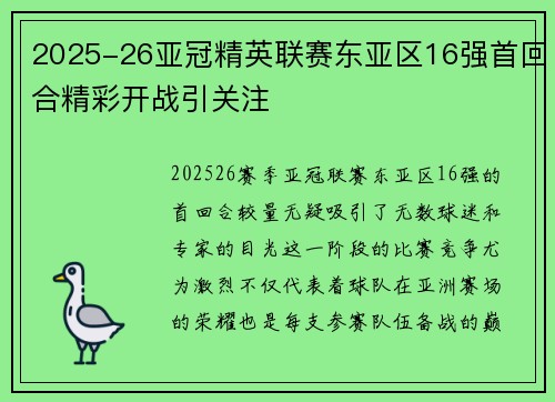 2025-26亚冠精英联赛东亚区16强首回合精彩开战引关注 2025-26亚冠精英联赛东亚区16强首回合精彩开战引关注